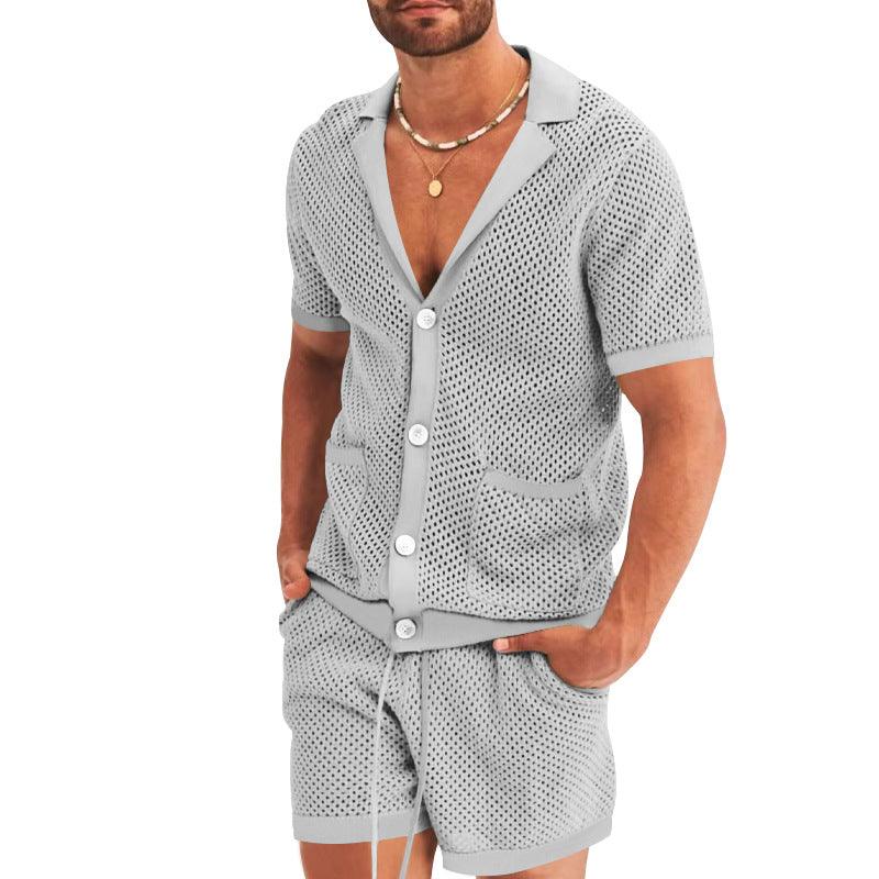 Men's Casual Hollow Short Sleeve Shirt and Shorts Set