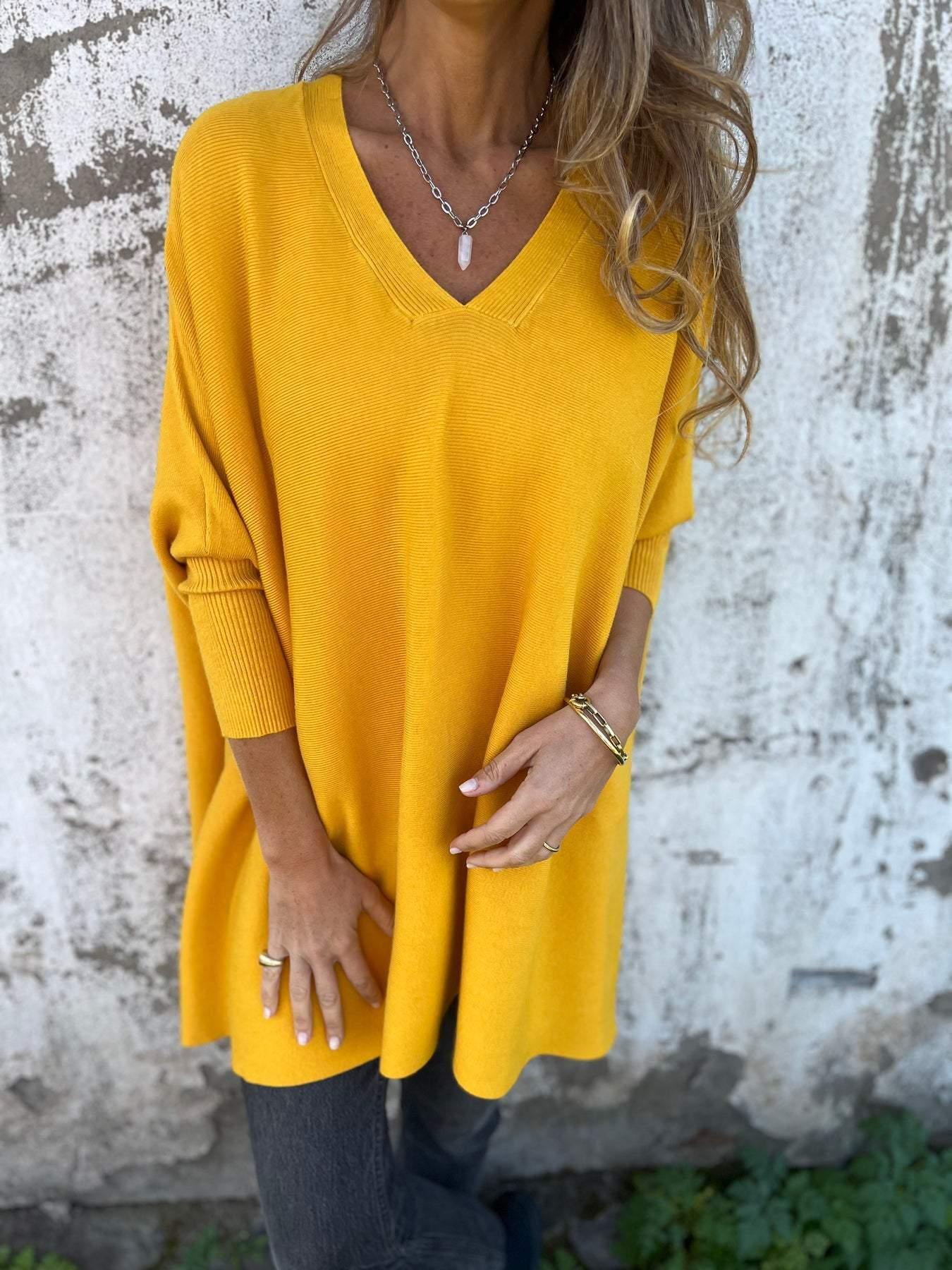 Women's V-Neck Oversized Shirt with Drop Shoulders and Long Sleeves