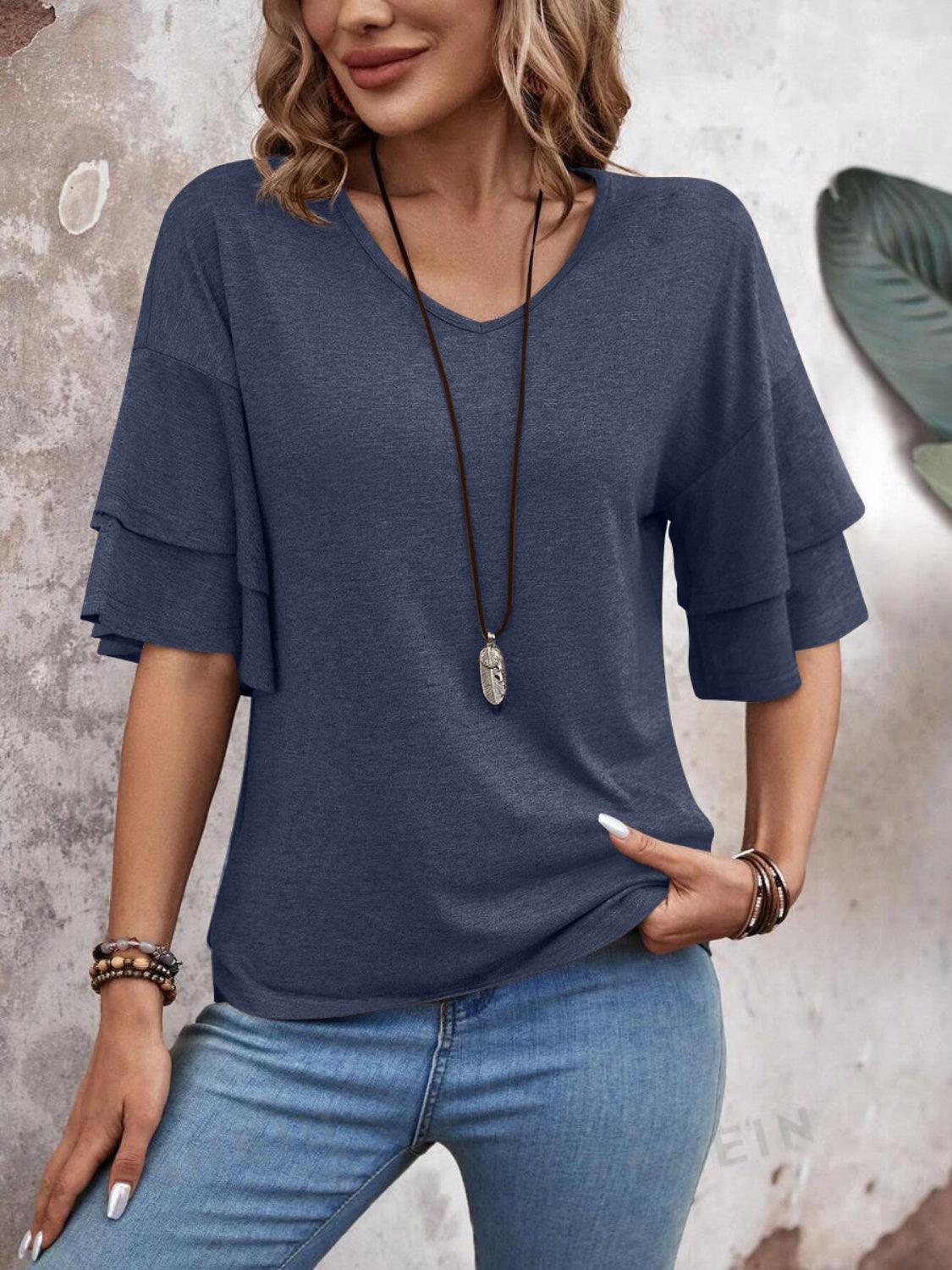 Women's V-Neck Blouse Ruffle Sleeve