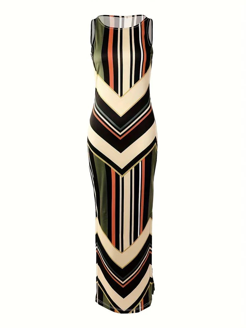 Women's Maxi Dress - Sleeveless Crew Neck - Chevron Stripe - High Side Slit