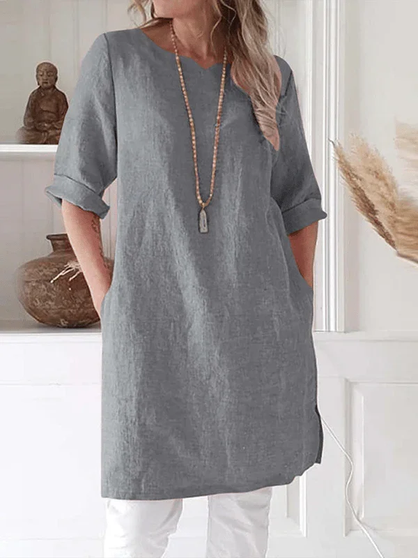 Women's Linen Tunic Dress with Pockets - Relaxed Fit, 3/4 Sleeve