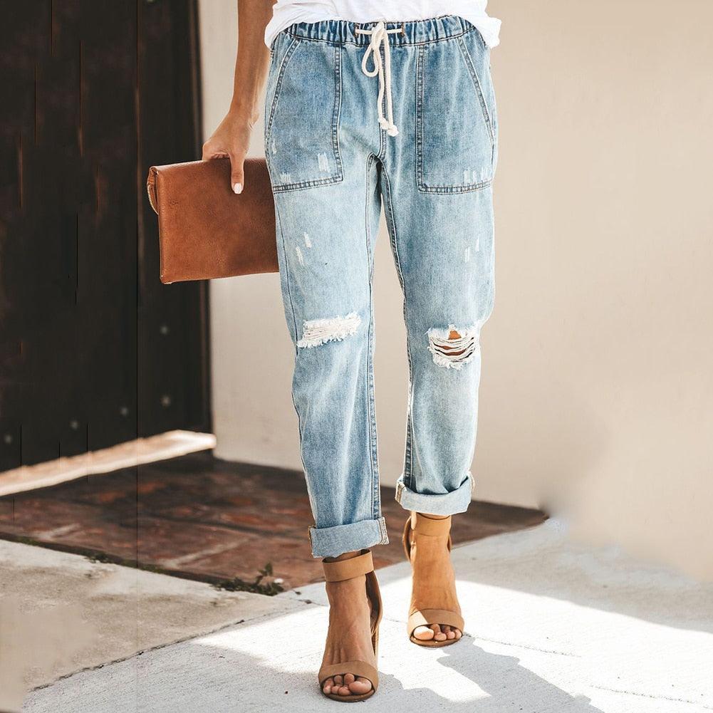 Women's Distressed Denim Jogger Trousers with Elastic Waist