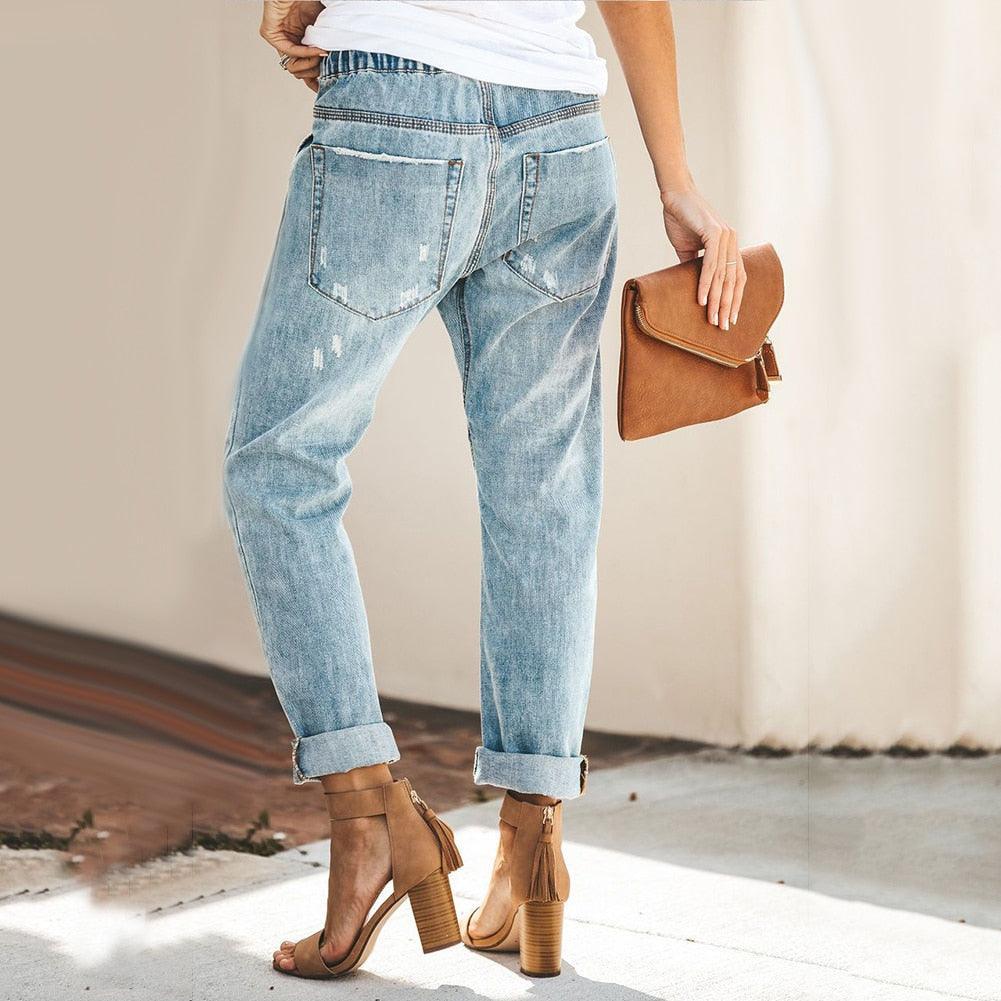 Women's Distressed Denim Jogger Trousers with Elastic Waist