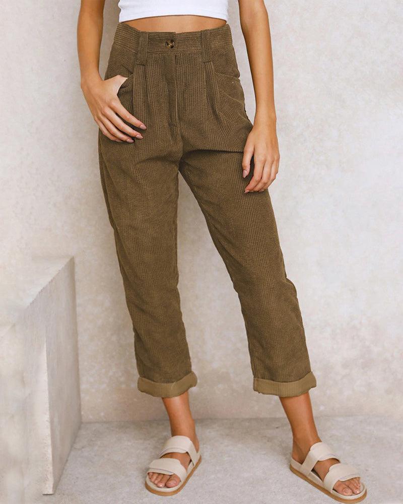Women's High-Waisted Trousers Pleated Front Cuffed Hem Ribbed Fabric