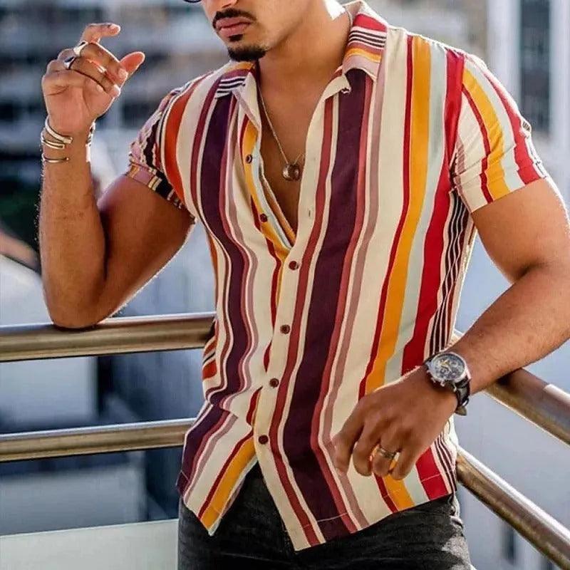Men's Striped Short-Sleeve Button-Up Shirt Lightweight Breathable Fabric