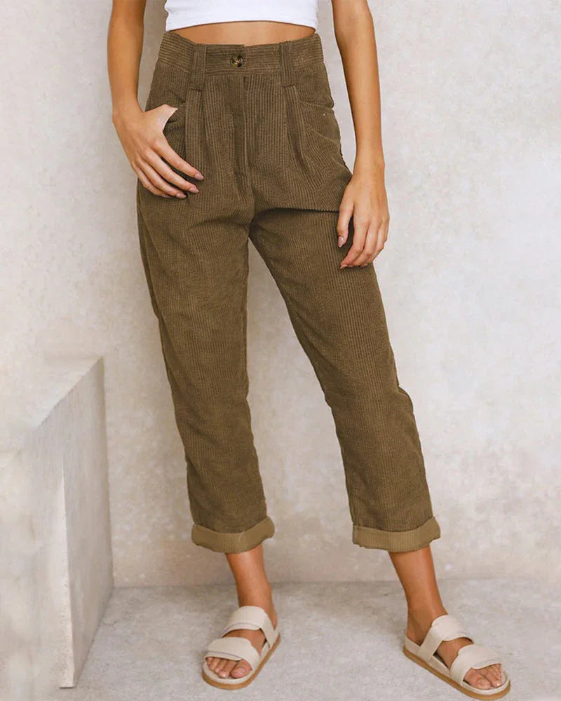 Women's High-Waisted Trousers Pleated Front Ribbed Fabric