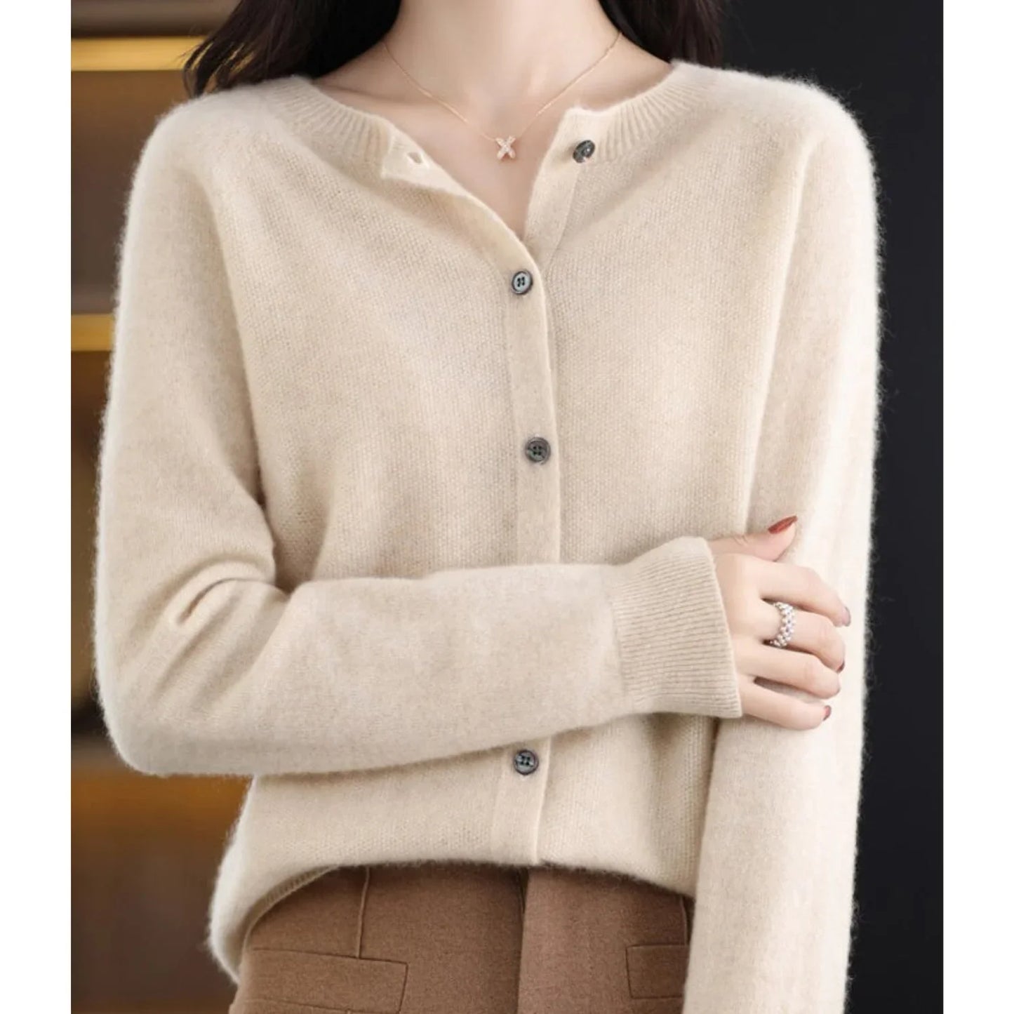 Women's O-Neck Cardigan Pure Wool Cashmere Sweater