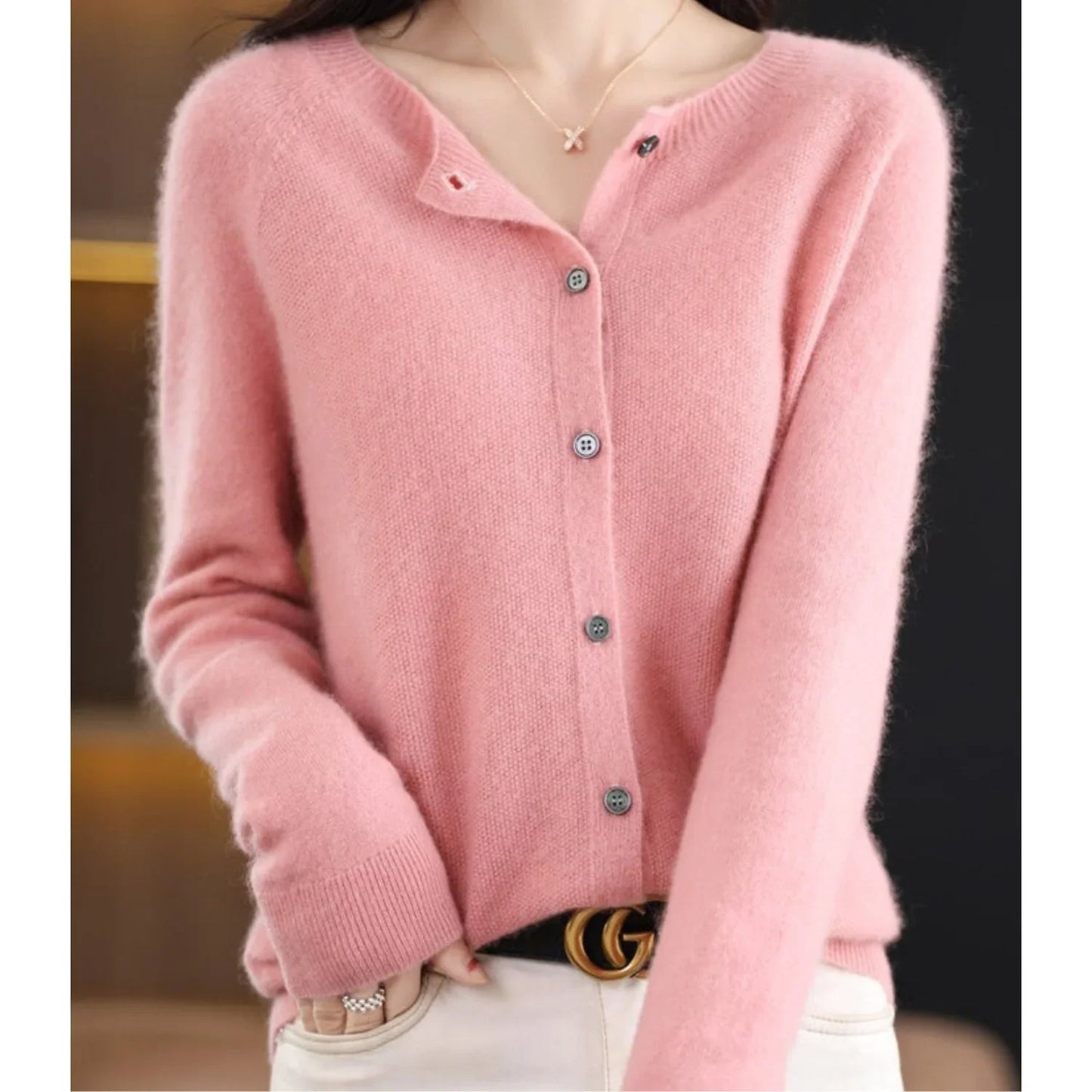 Women's O-Neck Cardigan Pure Wool Cashmere Sweater