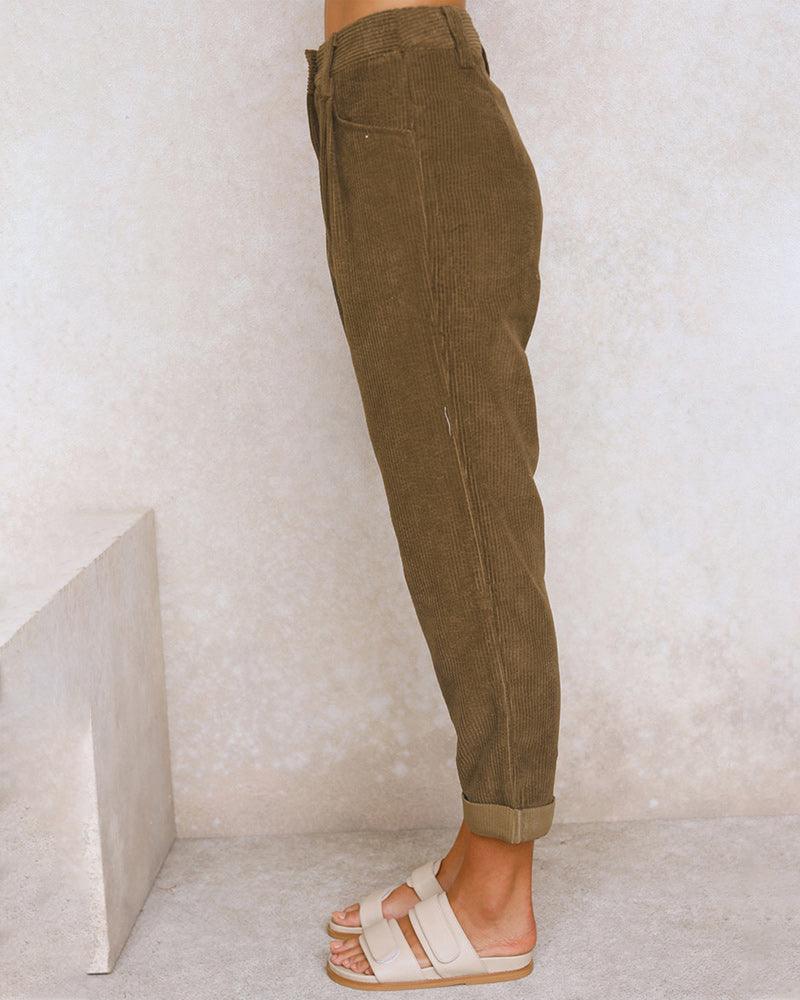 Women's High-Waisted Trousers Pleated Front Cuffed Hem Ribbed Fabric