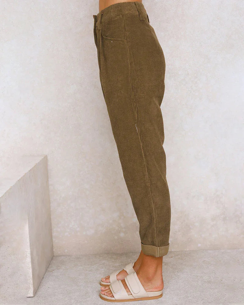 Women's High-Waisted Trousers Pleated Front Ribbed Fabric