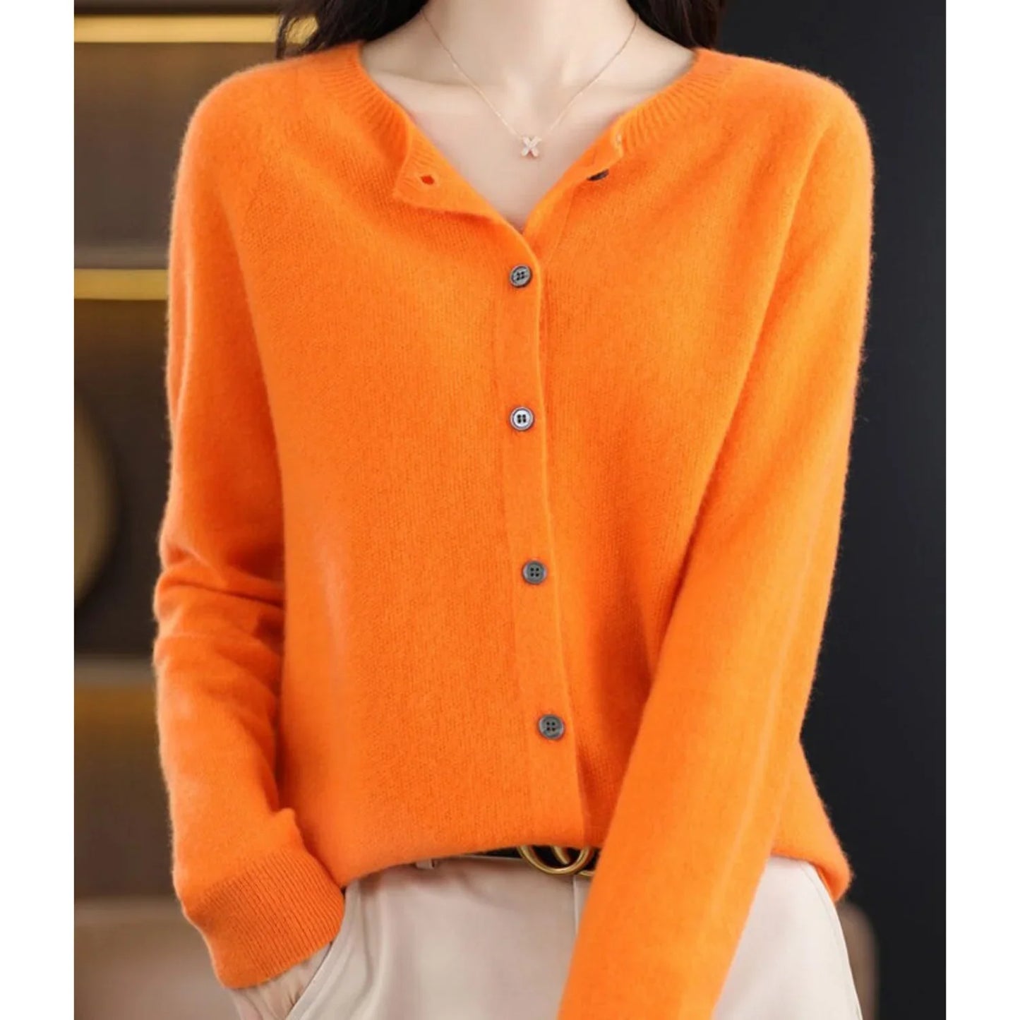 Women's O-Neck Cardigan Pure Wool Cashmere Sweater