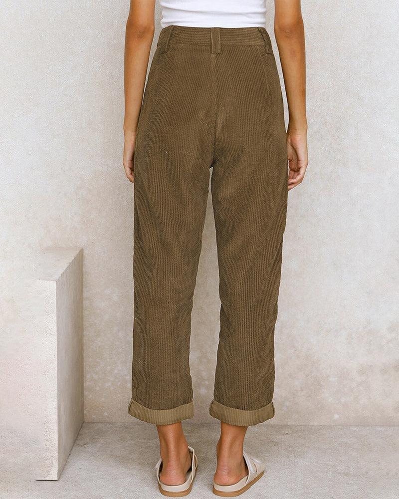 Women's High-Waisted Trousers Pleated Front Cuffed Hem Ribbed Fabric