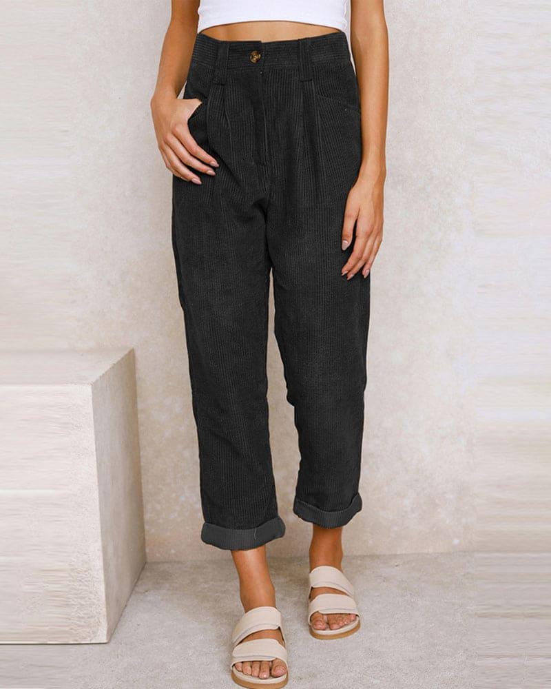 Women's High-Waisted Trousers Pleated Front Cuffed Hem Ribbed Fabric