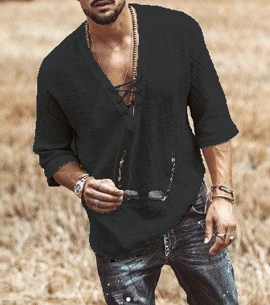 Men's Lightweight V-Neck Casual Shirt - Relaxed Fit 3/4 Sleeve