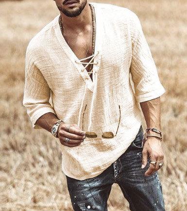 Men's Lightweight V-Neck Casual Shirt - Relaxed Fit 3/4 Sleeve