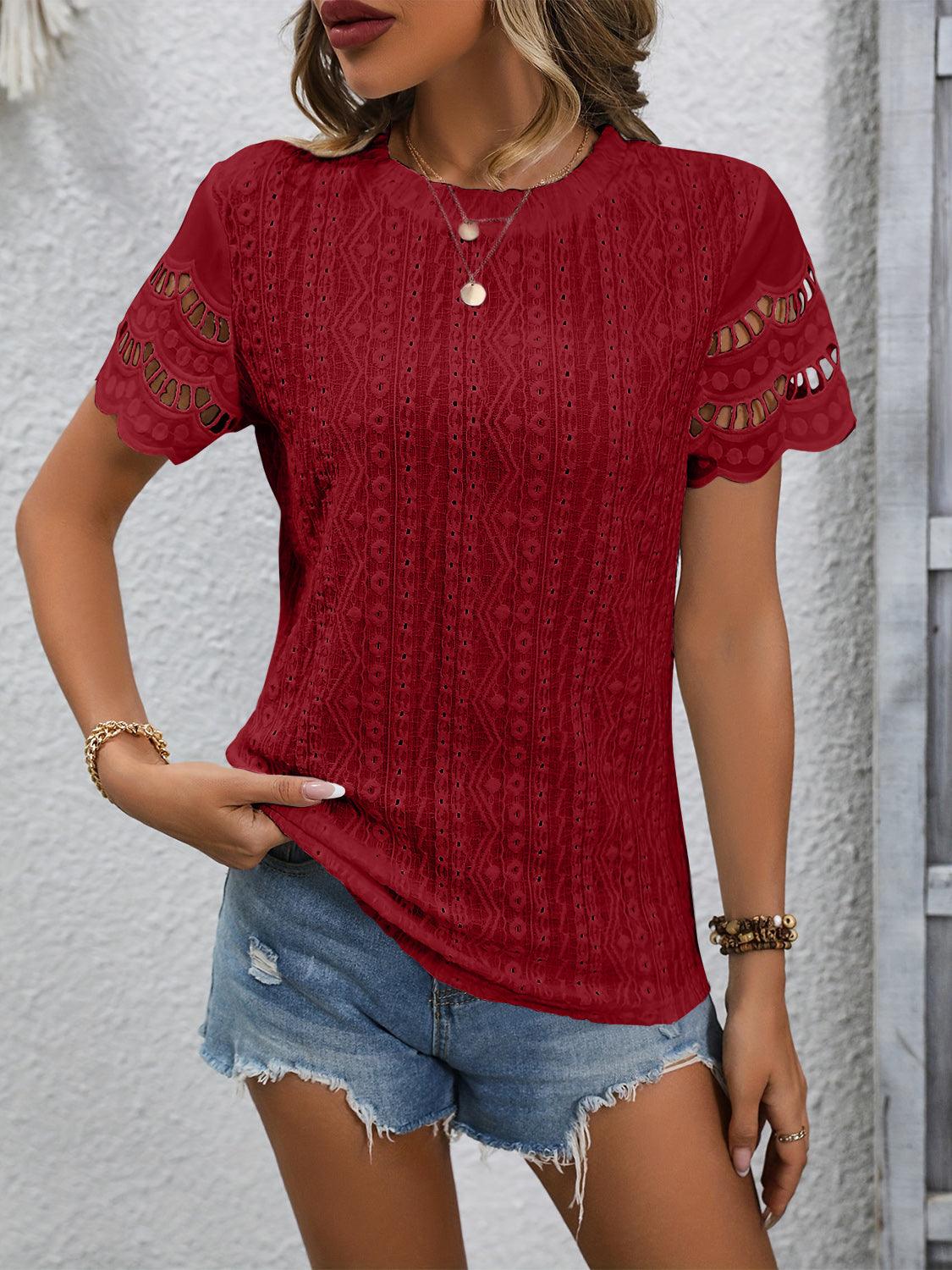 Women's Eyelet Top Short Sleeve Scalloped Neck