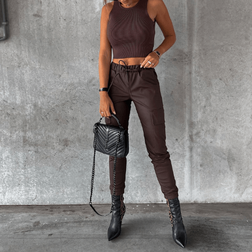 Women's Faux Leather High-Waisted Trousers with Tapered Leg and Zippered Ankle Detail