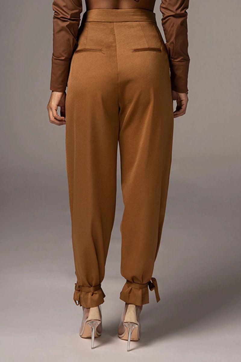 Women's High-Waisted Trousers Pleated Front Tapered Fit Ankle Tie