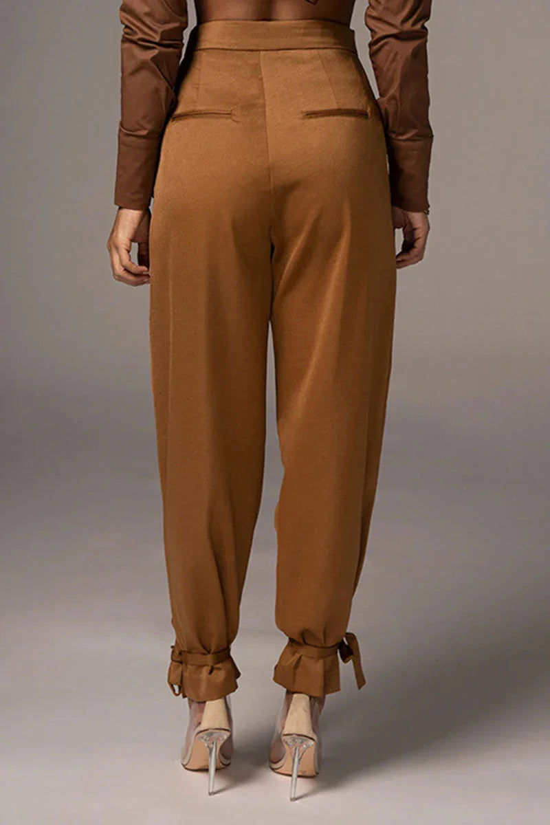 Women's Tapered Trousers Pleated Front High-Waisted Ankle Tie Detail