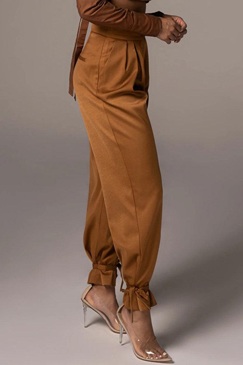 Women's High-Waisted Trousers Pleated Front Tapered Fit Ankle Tie