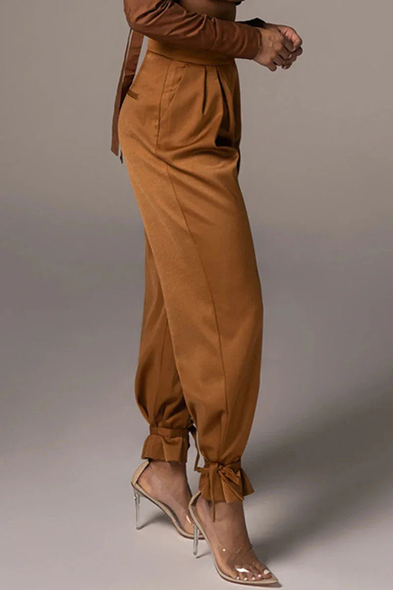 Women's Tapered Trousers Pleated Front High-Waisted Ankle Tie Detail