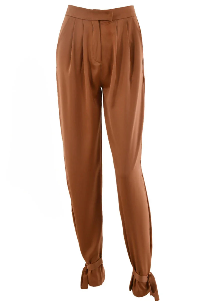 Women's Tapered Trousers Pleated Front High-Waisted Ankle Tie Detail