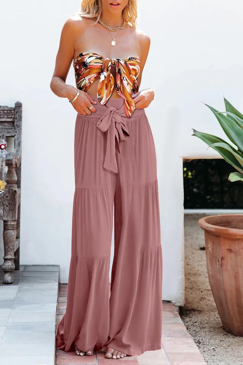 Women's Wide Leg Trousers Lightweight Flowing Fabric High Waist with Tie Belt