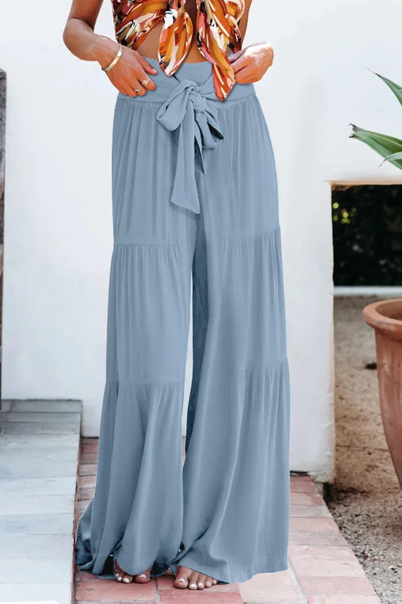 Women's Wide Leg Trousers Lightweight Flowing Fabric High Waist with Tie Belt