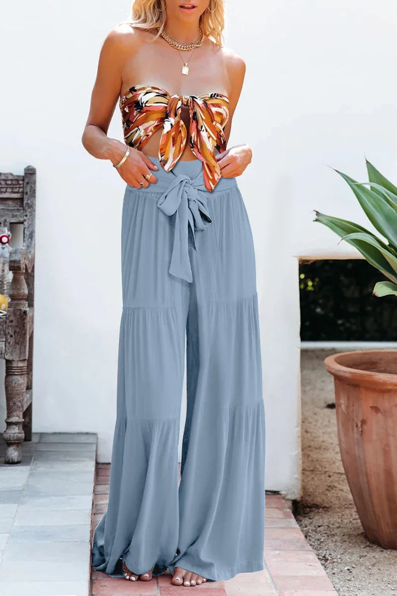 Women's Wide Leg Trousers Lightweight Flowing Fabric High Waist with Tie Belt