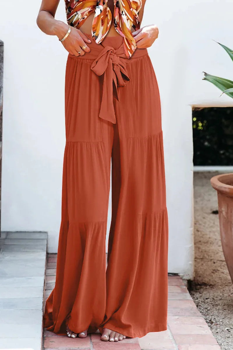 Women's Wide Leg Trousers Lightweight Flowing Fabric High Waist with Tie Belt