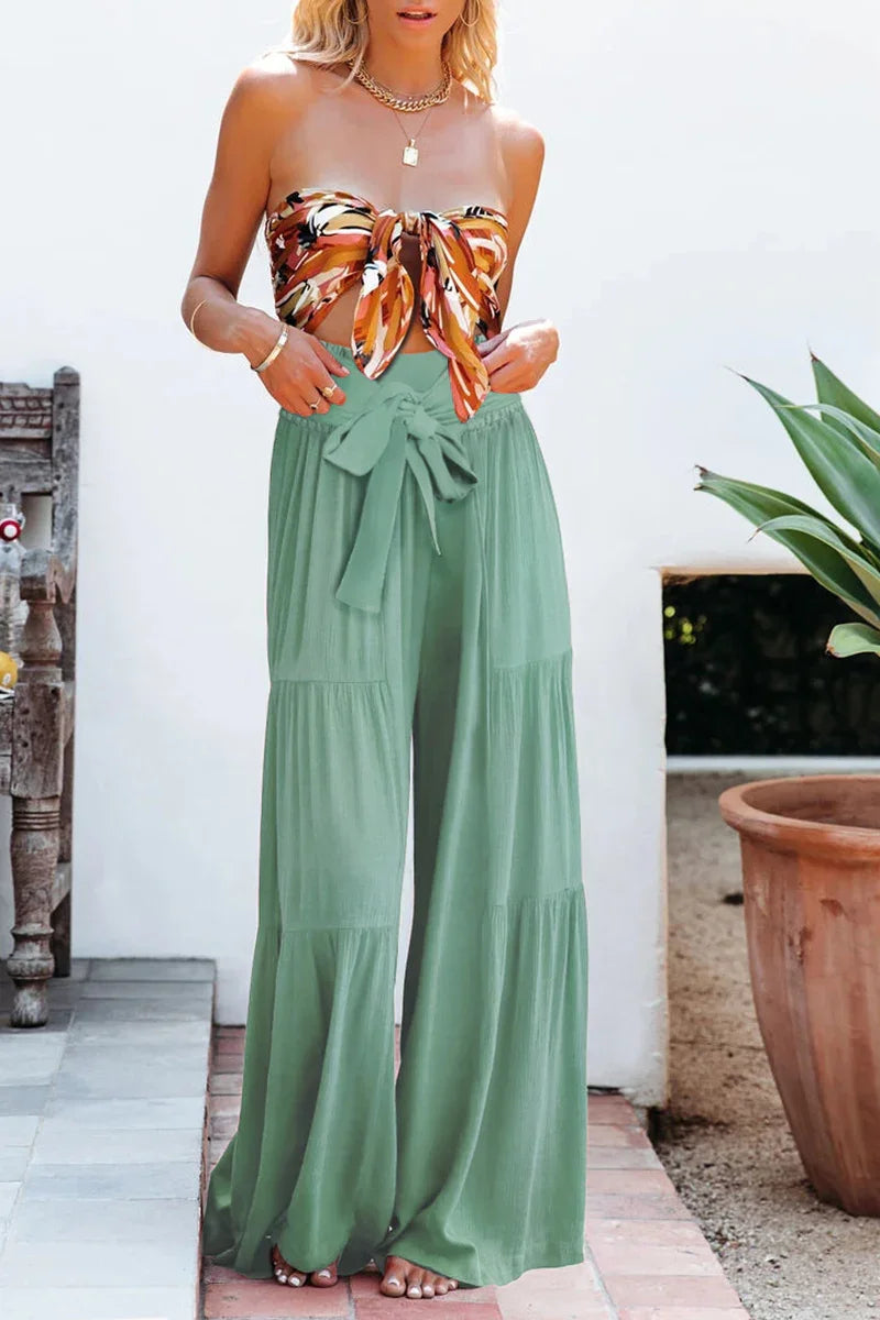 Women's Wide Leg Trousers Lightweight Flowing Fabric High Waist with Tie Belt