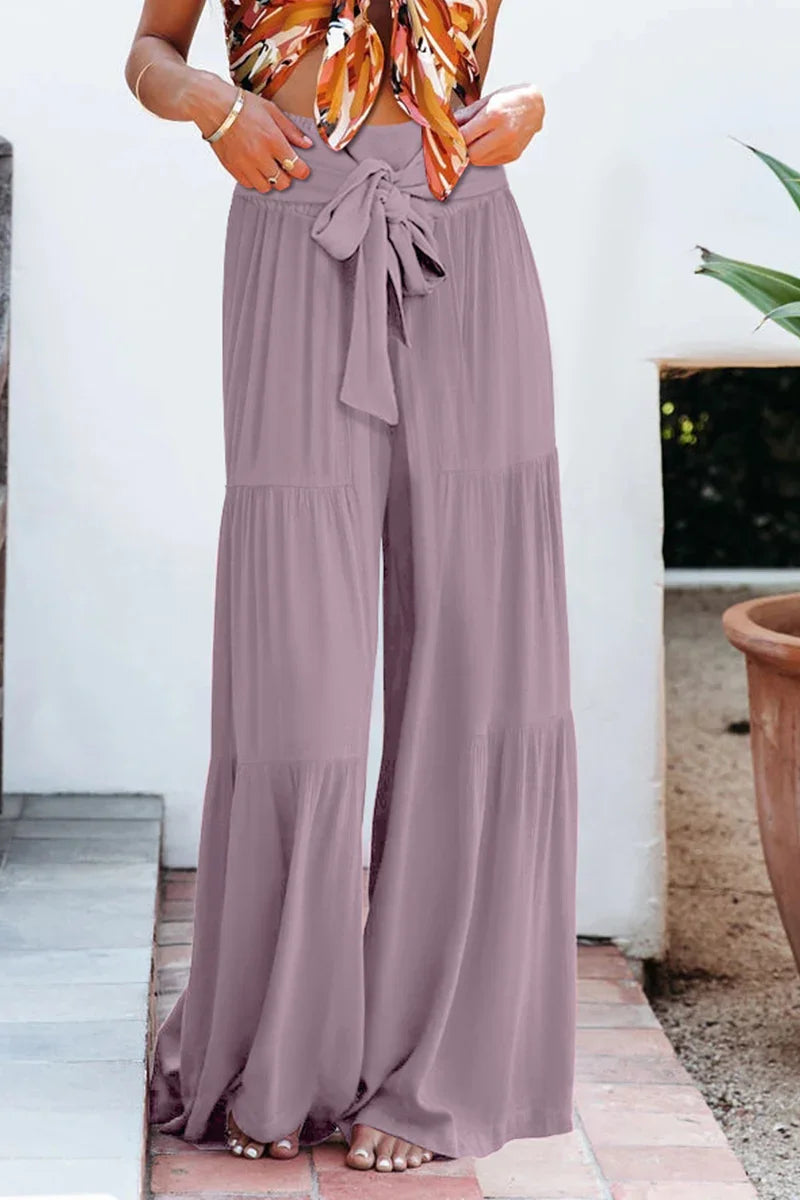 Women's Wide Leg Trousers Lightweight Flowing Fabric High Waist with Tie Belt