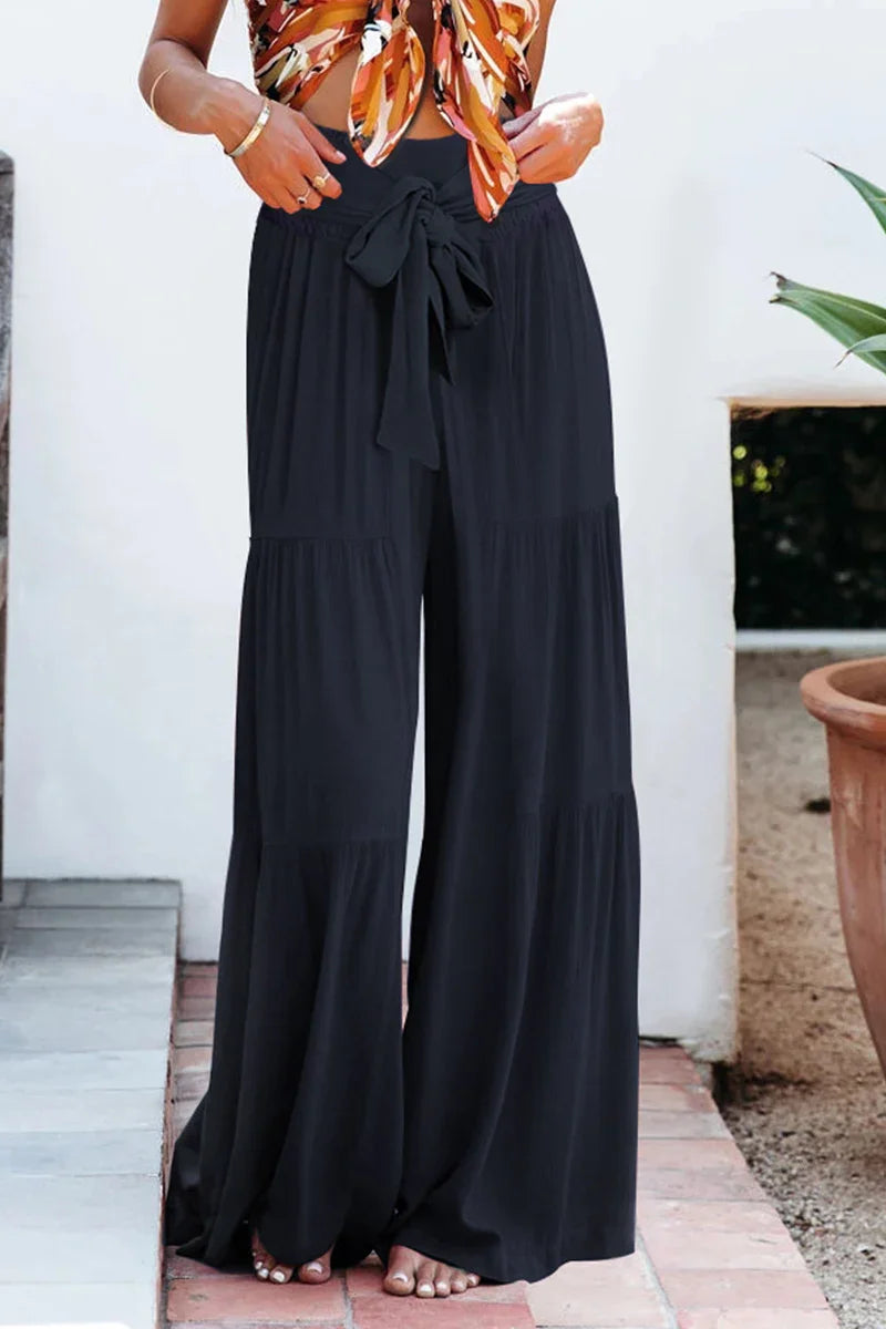 Women's Wide Leg Trousers Lightweight Flowing Fabric High Waist with Tie Belt