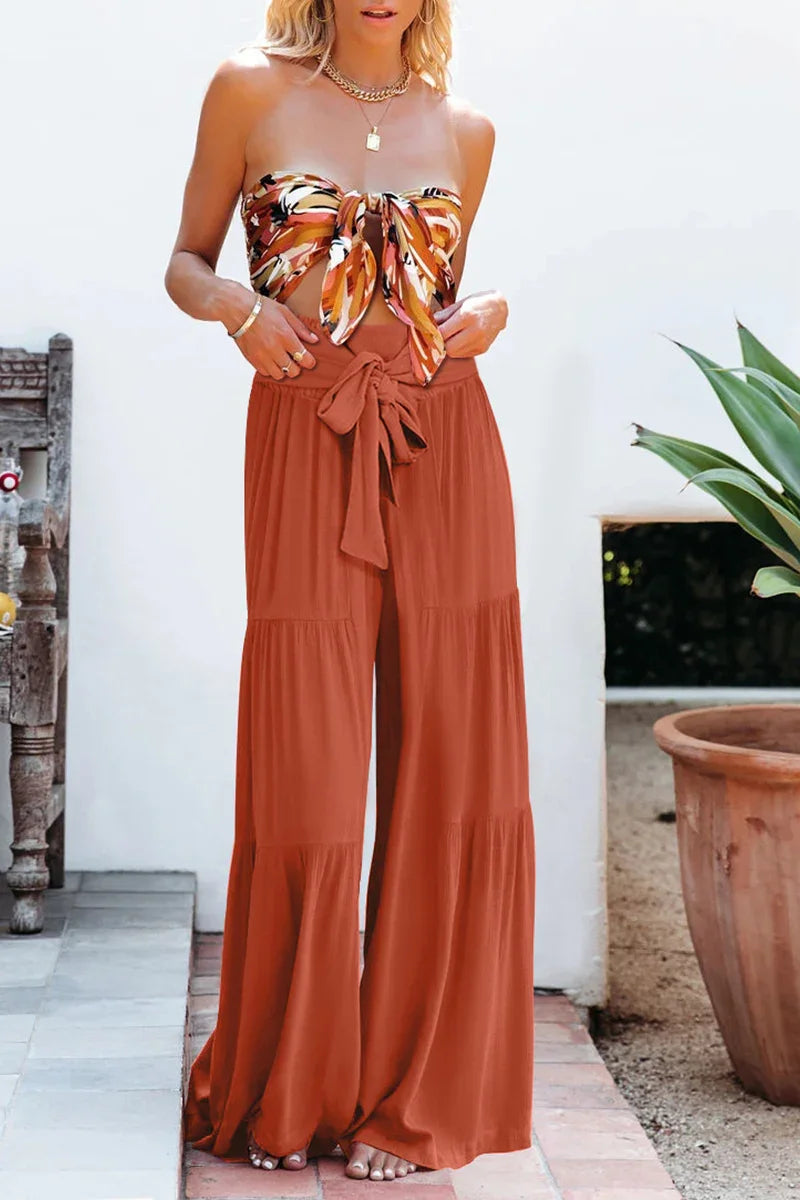 Women's Wide Leg Trousers Lightweight Flowing Fabric High Waist with Tie Belt