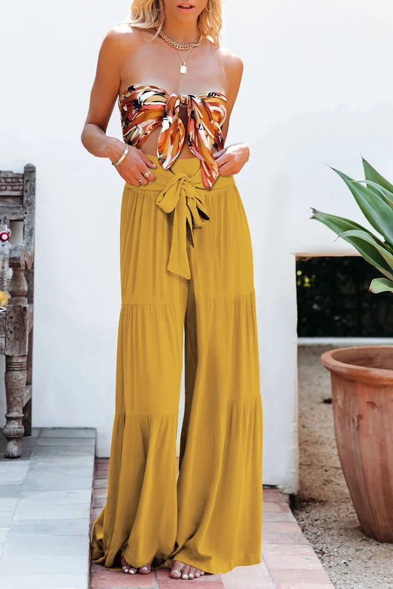 Women's Wide Leg Trousers Lightweight Flowing Fabric High Waist with Tie Belt