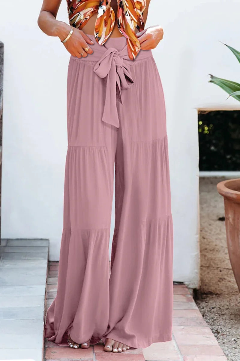 Women's Wide Leg Trousers Lightweight Flowing Fabric High Waist with Tie Belt