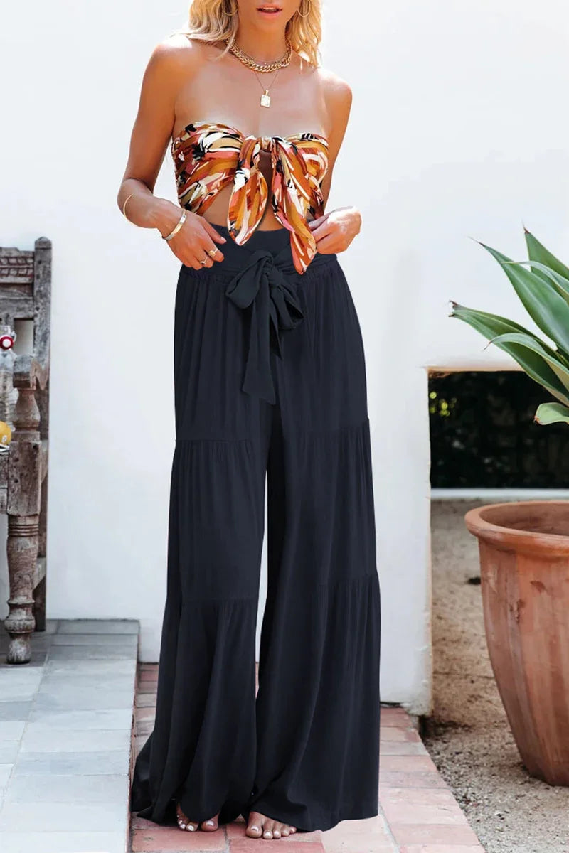 Women's Wide Leg Trousers Lightweight Flowing Fabric High Waist with Tie Belt