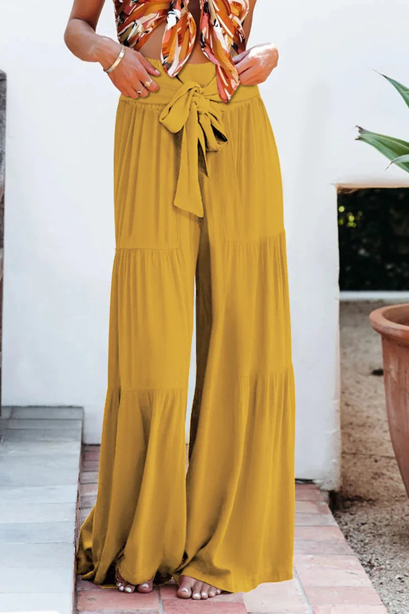 Women's Wide Leg Trousers Lightweight Flowing Fabric High Waist with Tie Belt