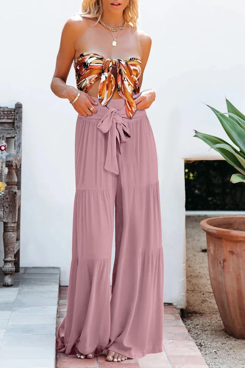 Women's Wide Leg Trousers Lightweight Flowing Fabric High Waist with Tie Belt