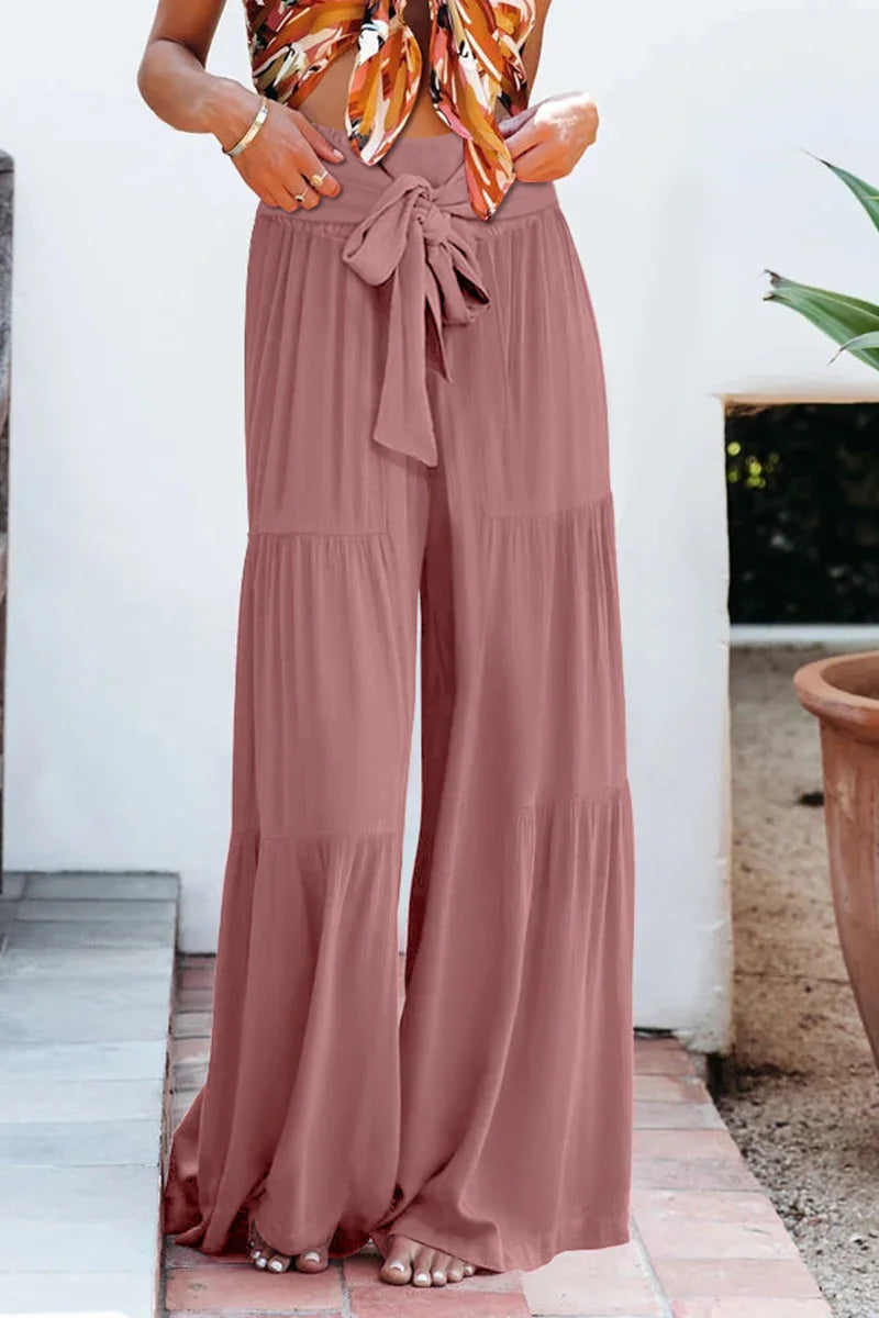 Women's Wide Leg Trousers Lightweight Flowing Fabric High Waist with Tie Belt