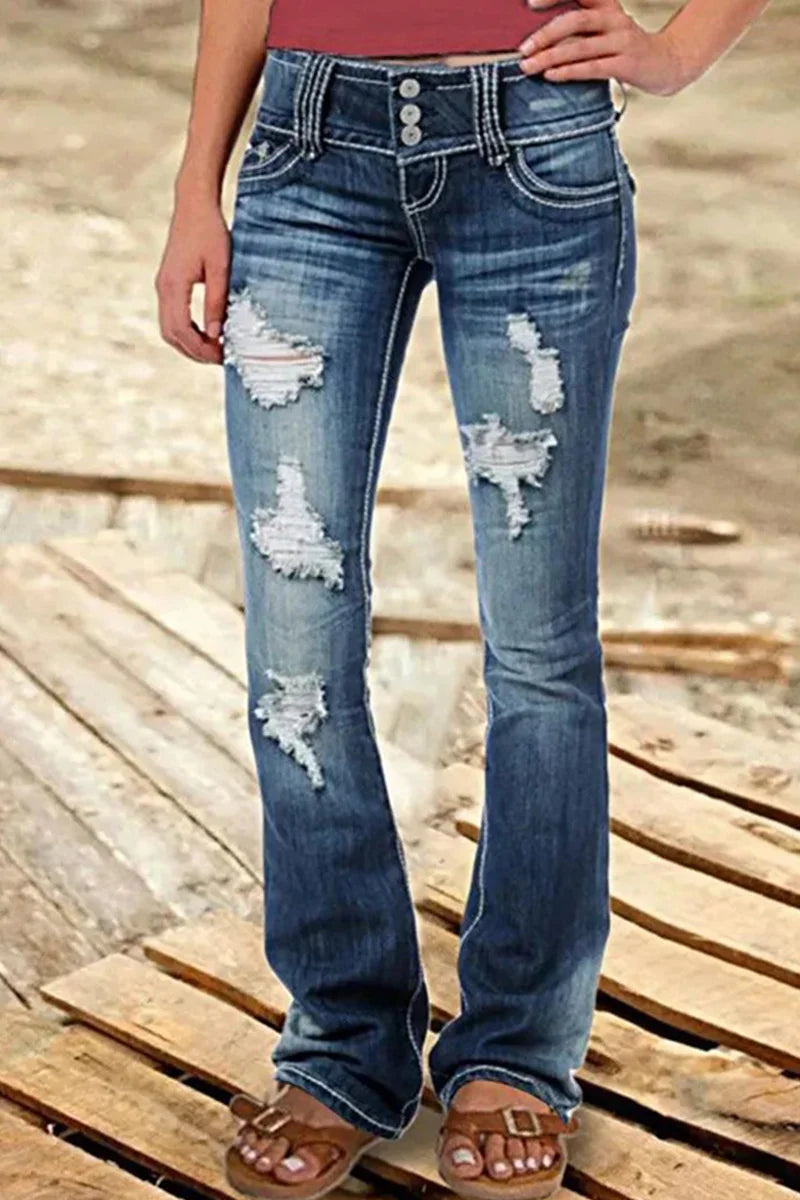 Women's Bootcut Denim Jeans Ripped High Waisted