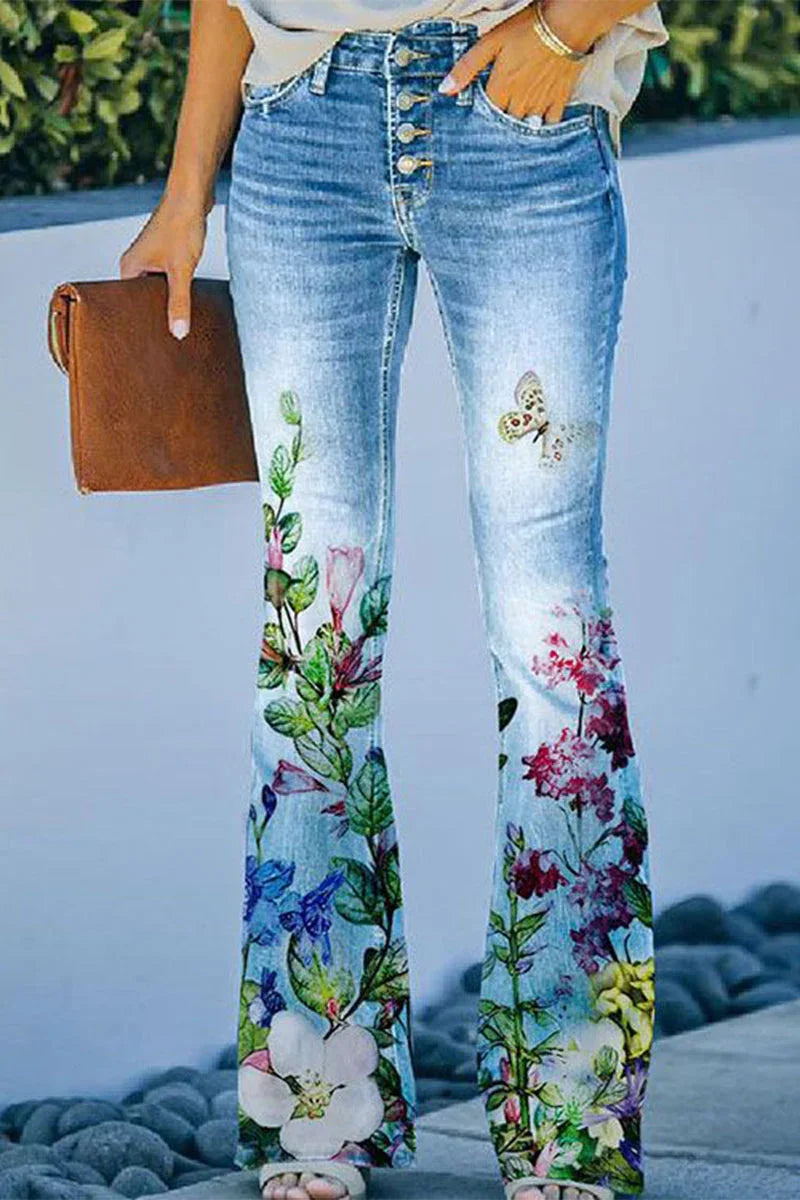Women's Regular Denim Jeans Floral Pocket