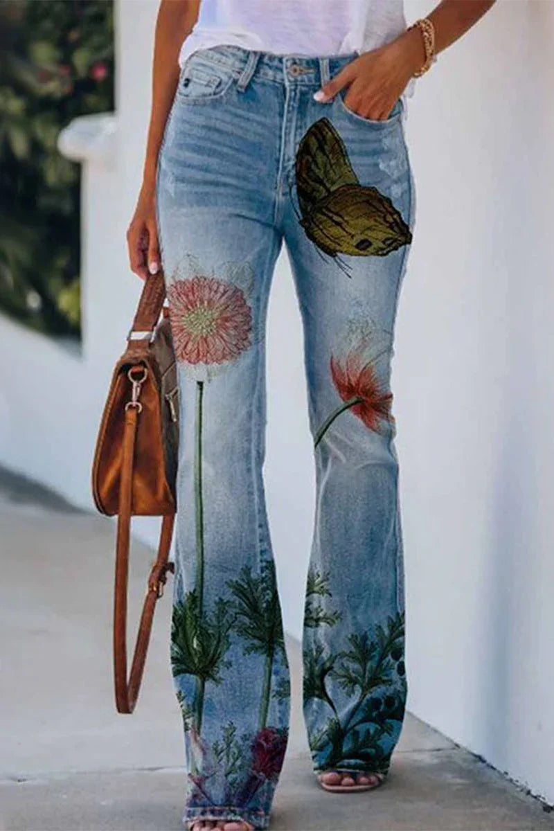 Women's Regular Denim Jeans Floral Pocket