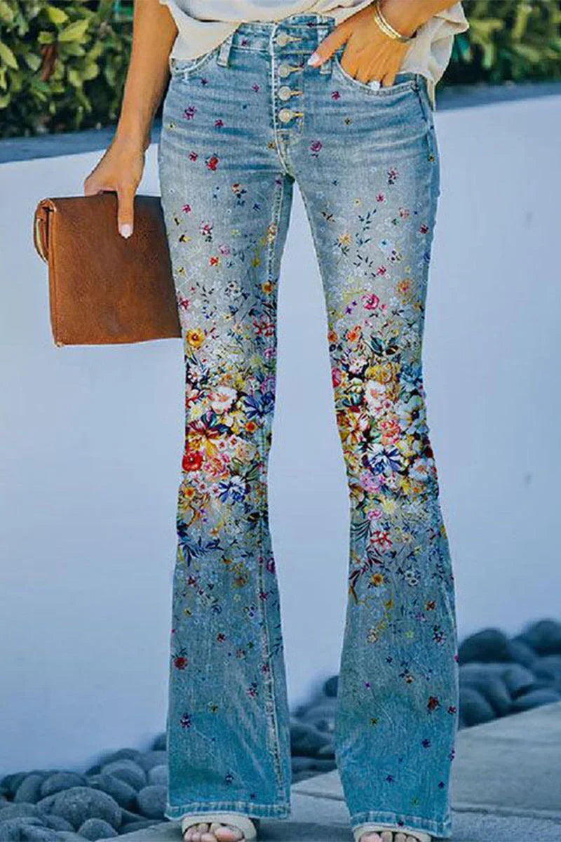 Women's Regular Denim Jeans Floral Pocket