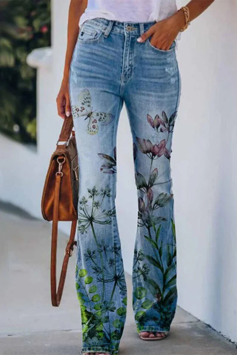 Women's Regular Denim Jeans Floral Pocket