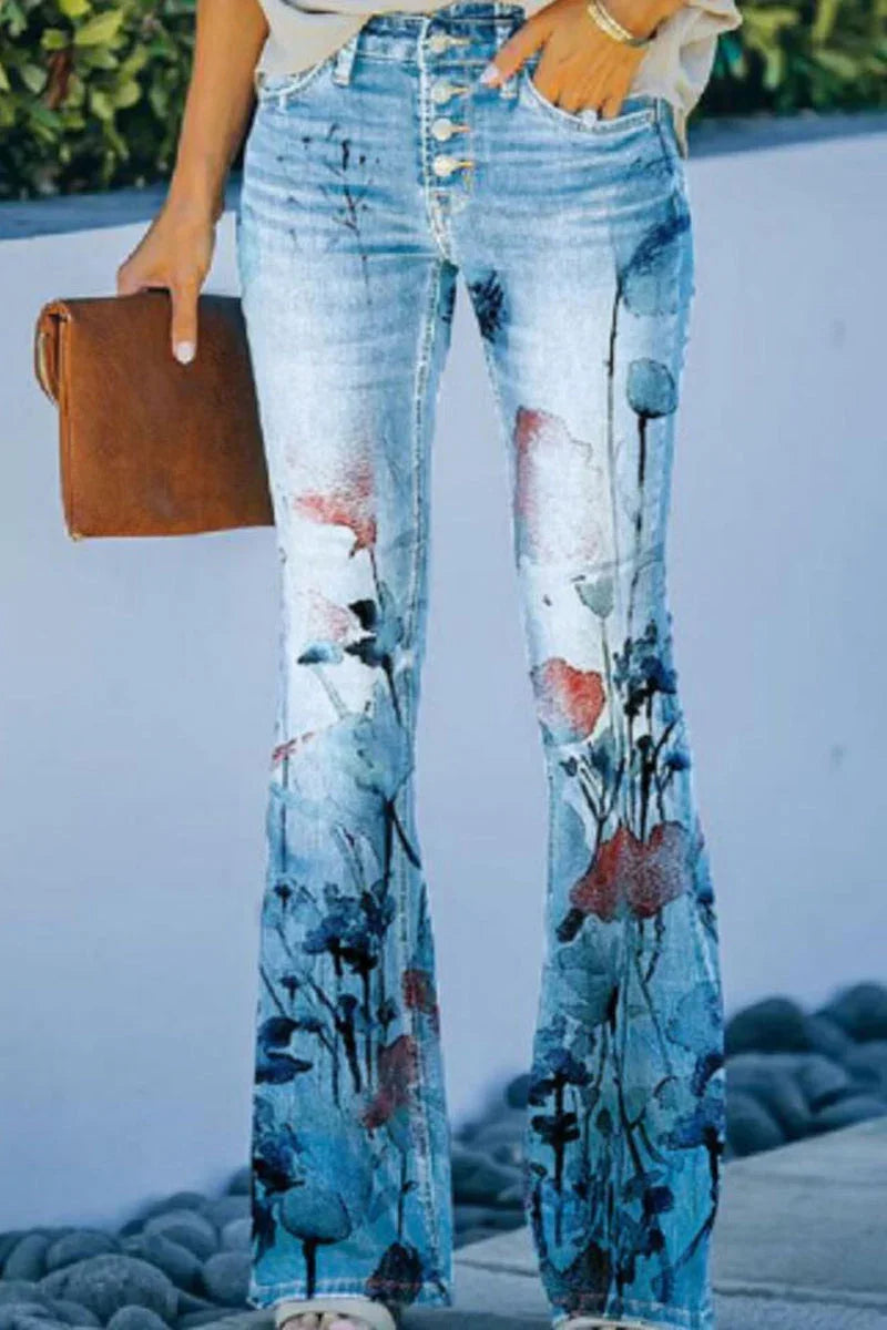 Women's Regular Denim Jeans Floral Pocket