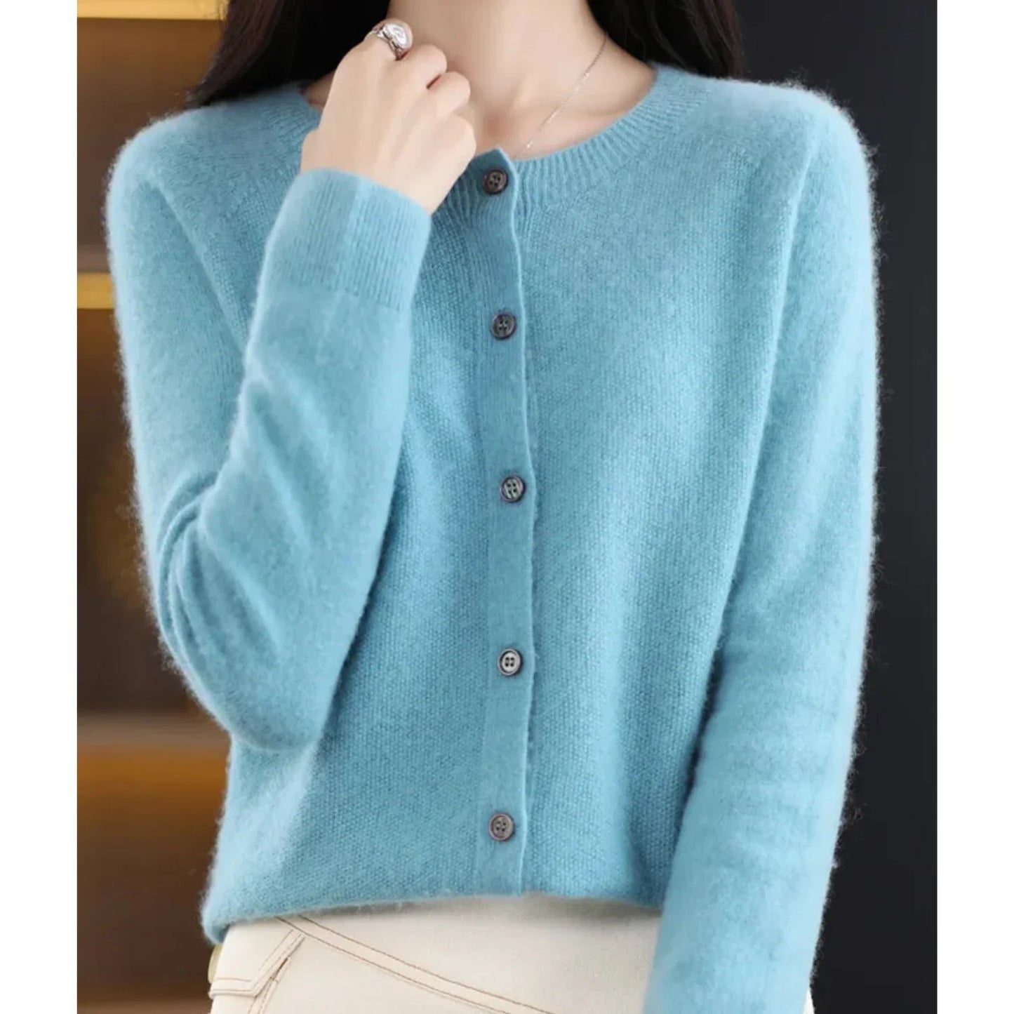 Women's O-Neck Cardigan Pure Wool Cashmere Sweater