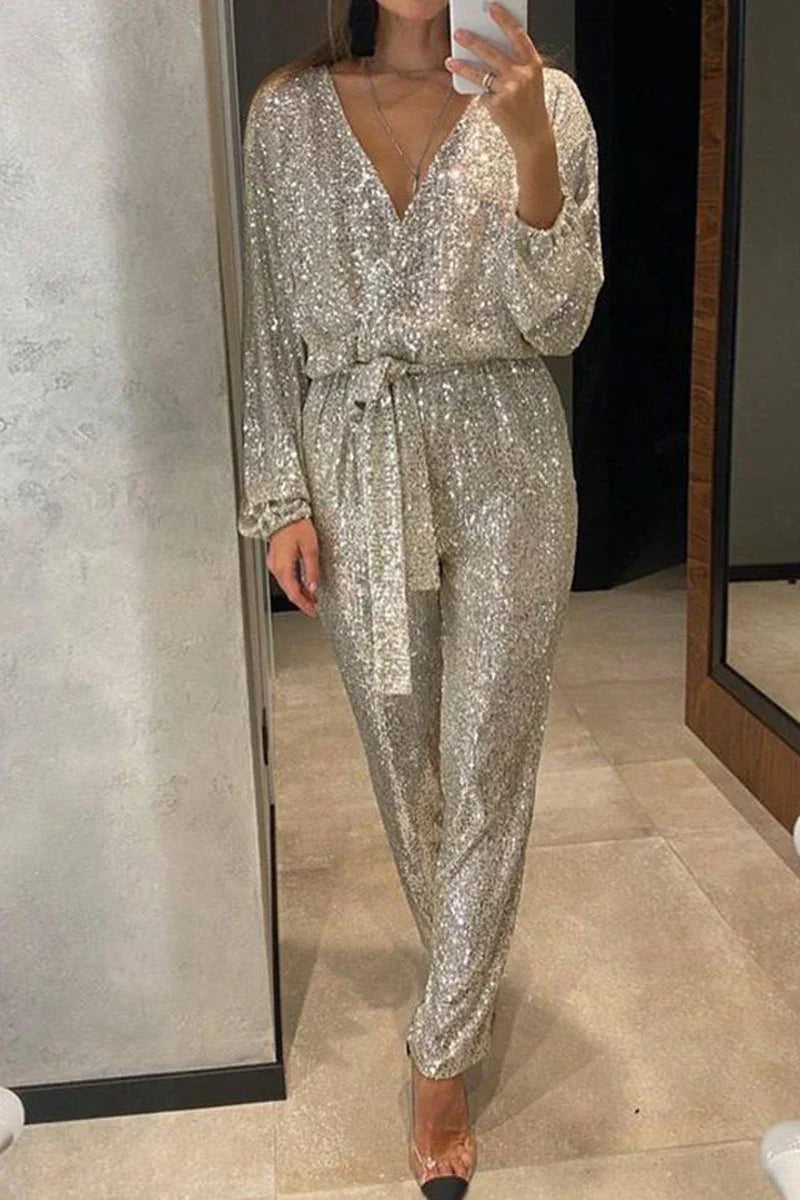 Women's Sequin Bandage Jumpsuit V-Neck