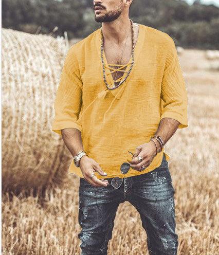Men's Lightweight V-Neck Casual Shirt - Relaxed Fit 3/4 Sleeve