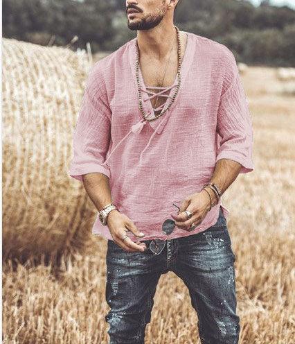 Men's Lightweight V-Neck Casual Shirt - Relaxed Fit 3/4 Sleeve